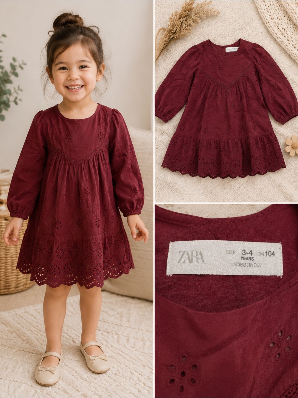 ZARA Wine Red Eyelet Long-Sleeve Dress for Girls